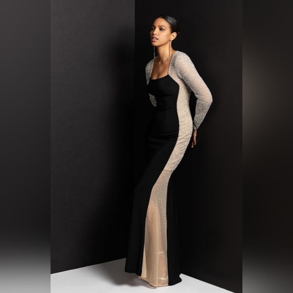 Escape Dresses & Skirts - NWT Escape Caviar Beaded Mesh Panel Long Sleeve Sheath Gown Size 14